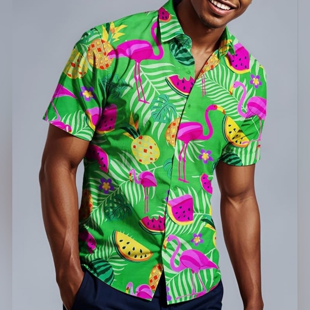 King Of Kameha Tropical Green Hawaiian Shirt with Pink Flamingos Size Med E-1708